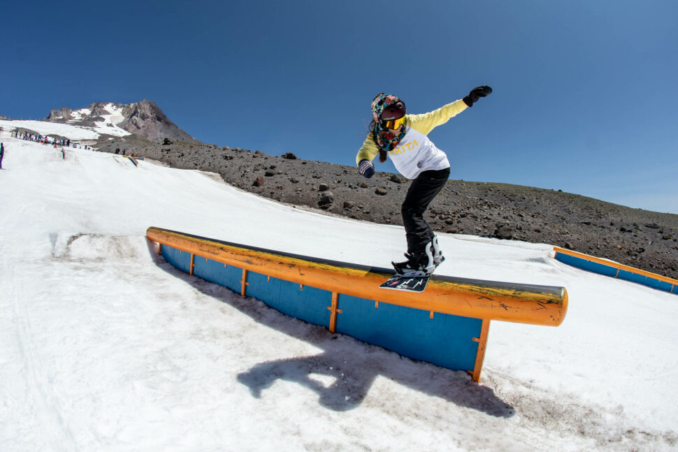 Ari Morrone hits a rail on a snowboard at Mt. Hood